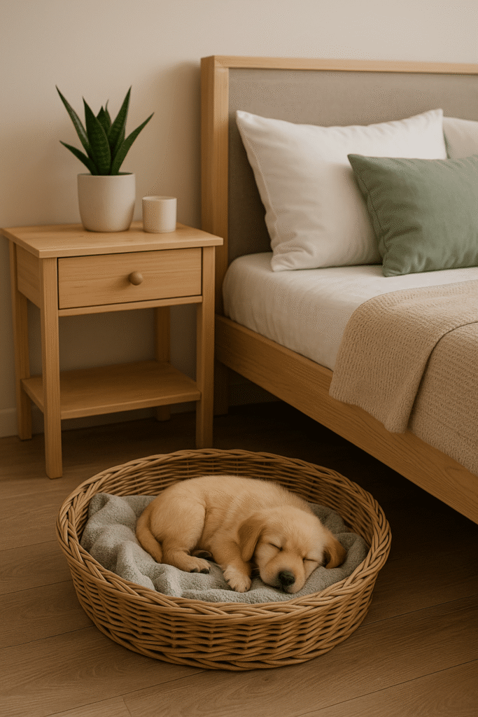Chiot endormi dans un panier confortable placé près du lit, montrant la bonne pratique pour rassurer un chiot les premières nuits.